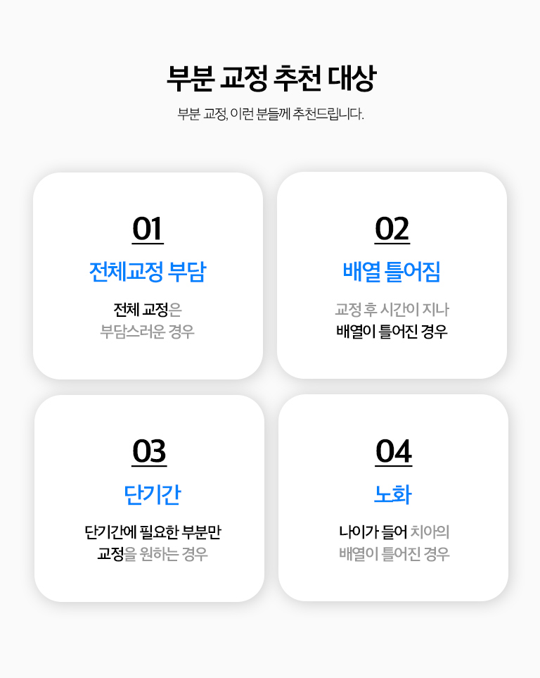 수원 부분정리 상세 안내 - 전체정리이 필요한 경우 - 어금니 어울림 문제, 심한 공간 부족, 돌출입, 턱 관계 문제처럼 전체 치열의 조정이 필요한 경우에는 부분정리만으로 목표를 이루기 어렵습니다.